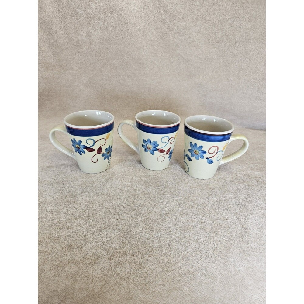 Set Of 3 Everyday Gibson Floral Blue Flowers Coffee Mugs Stoneware Ceramic